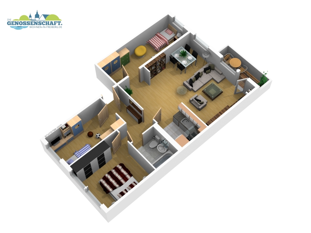 Flugzeuge im Bauch - 4-Raum-Familienwohnung mit Einbauküche und Balkon - Grundriss